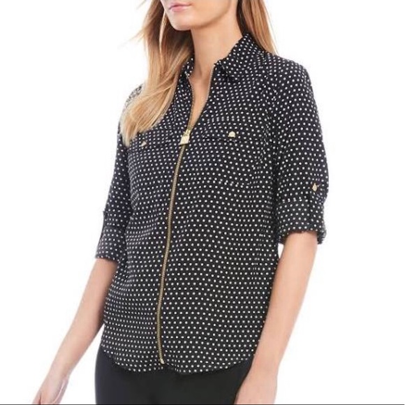 MICHAEL Michael Kors Tops - Michael Kors Black w/White Dots Zip Up Blouse